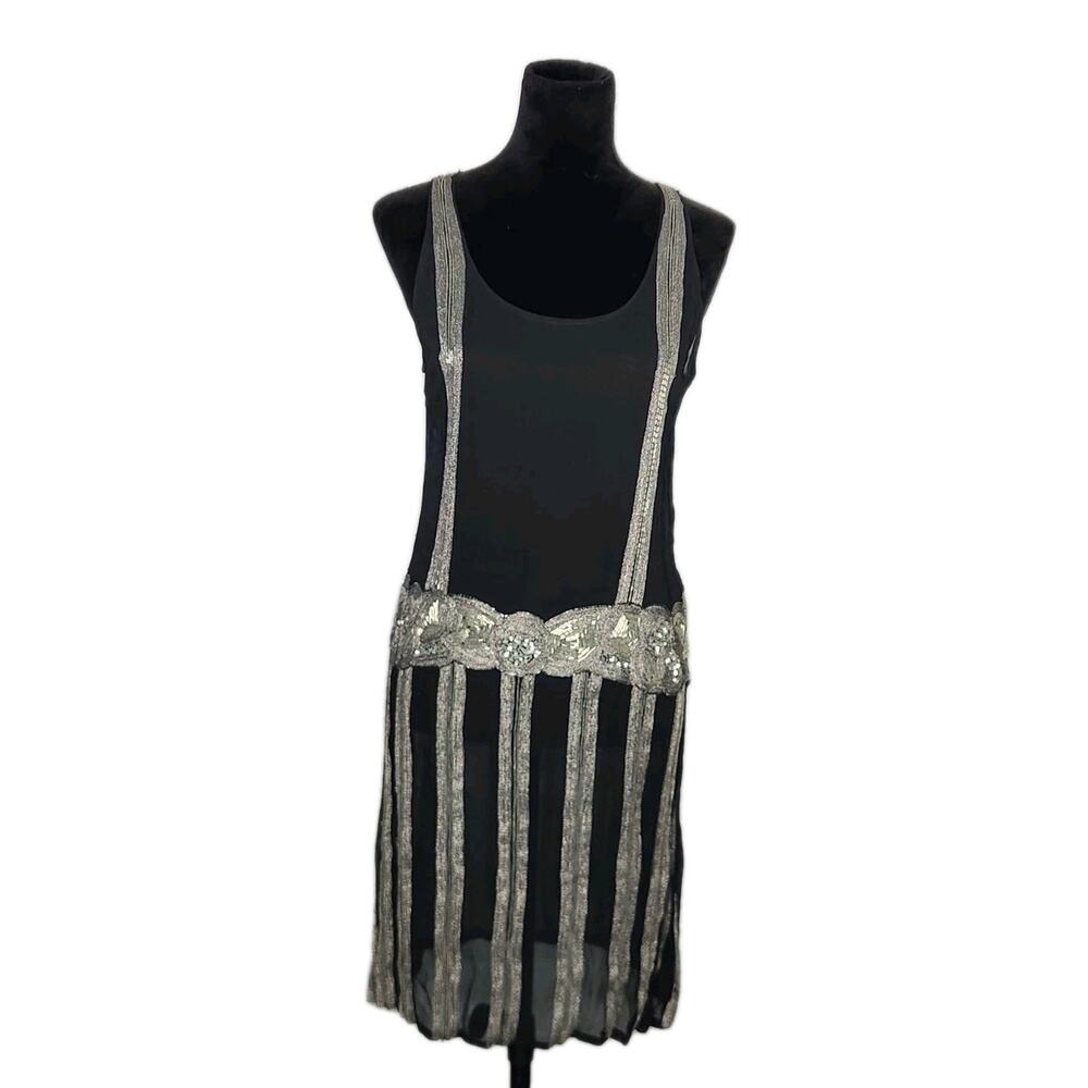 Camille Flawless Art Deco Sheer Beaded Sequin Drop Waist Dress 1920s Fits S